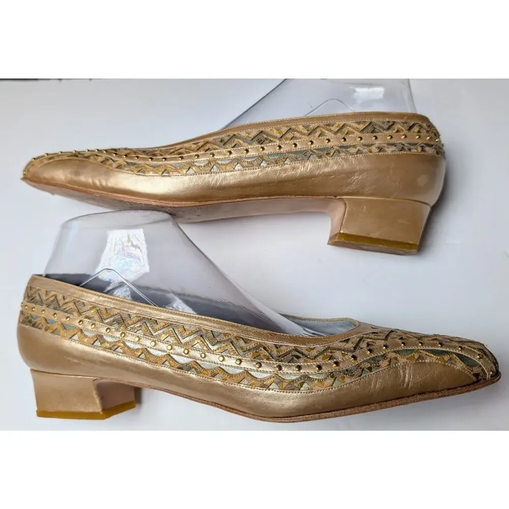 Vtg Margaret Jerrold Pointed Toe Pumps WOMENS 9.5N Gold Silver Art Deco Spain